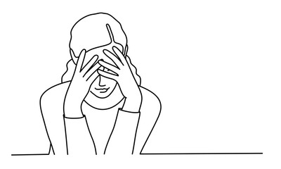 Sad crying young woman, palms to her face. Hand drawn vector line.