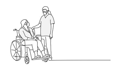 Woman in a wheelchair and young nurse in protection masks. Hand drawn vector line.