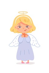 Kid in angel costume for Christmas winter party. Cute happy child wearing beautiful xmas dress with wings vector illustration. Little girl standing and smiling on white background