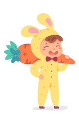 Kid in rabbit costume for Christmas winter party. Cute happy child wearing funny xmas suit vector illustration. Boy dressed as rabbit with carrot toy, smiling on white background