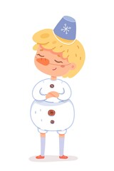 Kid in snowman costume for Christmas winter party. Cute happy child wearing funny xmas suit vector illustration. White costume with buttons, carrot nose, bucket on head as hat