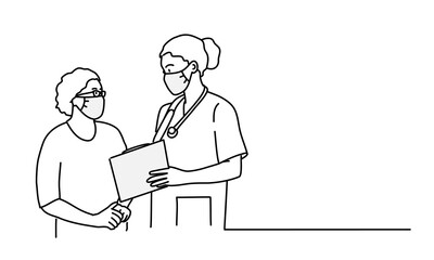 Young woman doctor, nurse in protection mask show medical test. Hand drawn vector line.