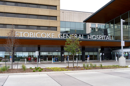 Etobicoke, ON, Canada - October 11, 2020: Etobicoke General Hospital sign is seen in Etobicoke, Ontario, Canada. The Etobicoke General Hospital is a community hospital. 