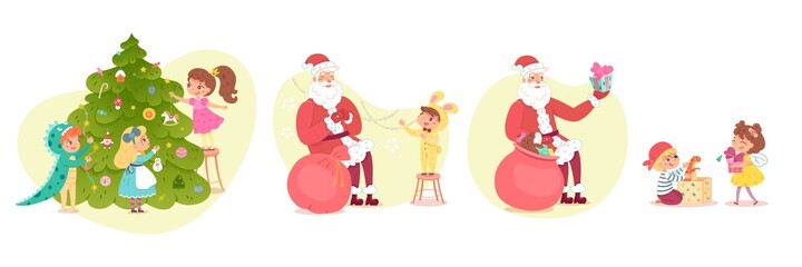 Kids in costumes at Christmas party with santa set. Cute happy children wearing xmas suits vector illustration. Girls and boys dressed, santa with bag of presents, new year tree decorating