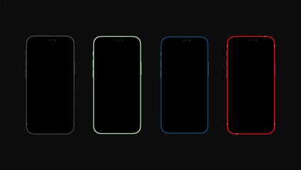 Colorful, Red,black, blue and green iPhone 12. Realistic, modern, smart phone collection on black background. iPhone mockups set.