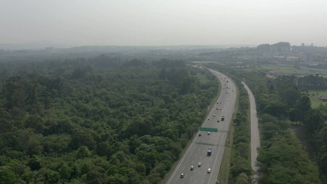 Ayrton Senna highway next to the Tiete ecological park in Sao Paulo, Brazil, seen from above