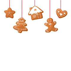 Template banner Christmas ingerbread. Christmas elements for winter holidays gingerbread man, gingerbread house and other cookies. Vector.