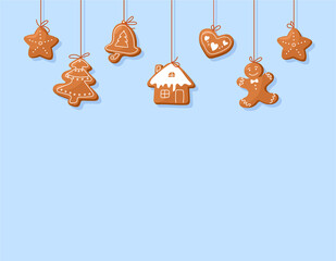 Vector template banner Christmas gingerbread. Christmas elements for winter holidays gingerbread man, gingerbread house and other cookies.