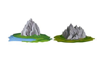 Mountain Peaks with Cliff and Rock Rested on Green Surrounding Vector Set