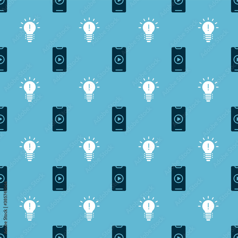 Poster set online play video and light bulb with concept of idea on seamless pattern. vector.