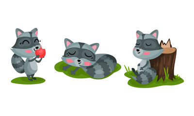 Cute Raccoon with Striped Coat Eating Apple and Sleeping Vector Set