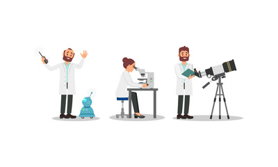 Bearded Man and Woman Scientists in White Gown Controlling Robot and Doing Microbiology Research Vector Illustration Set