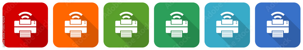 Poster Printer icon set, flat design vector illustration in 6 colors options for webdesign and mobile applications