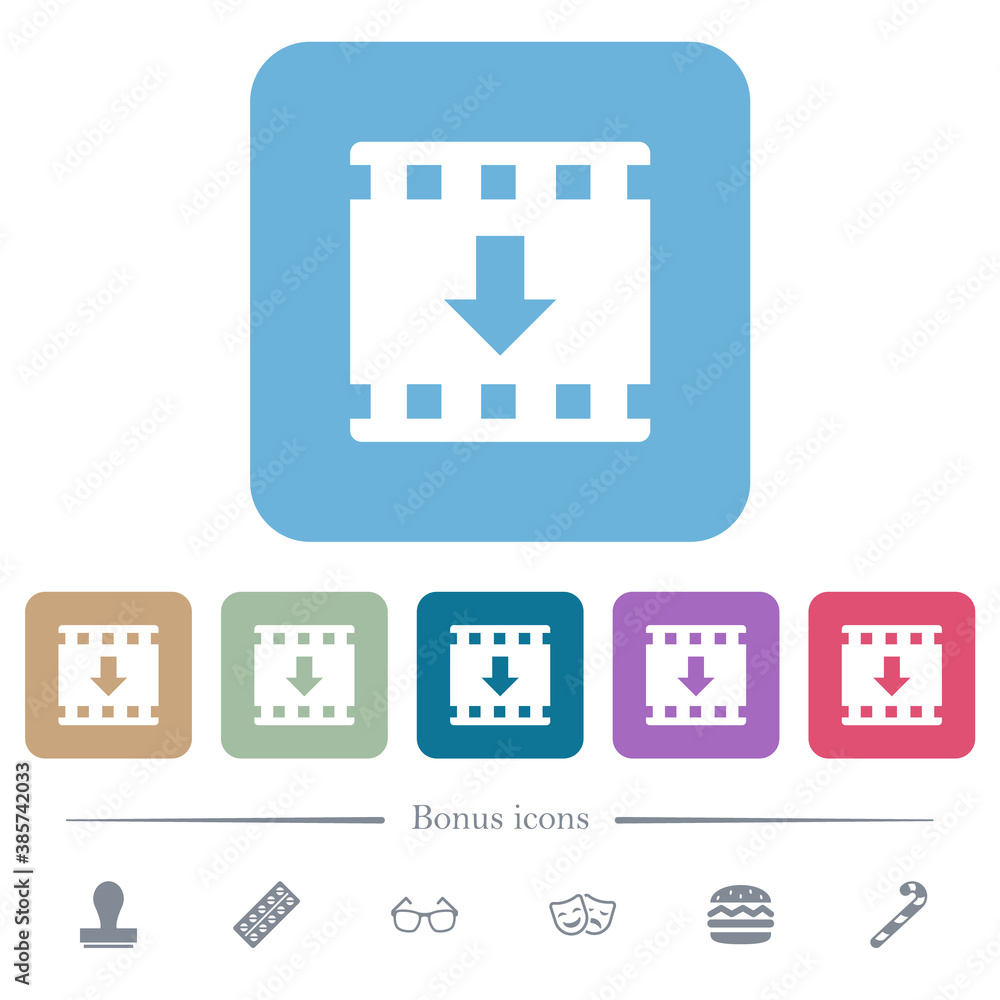 Poster move down movie flat icons on color rounded square backgrounds