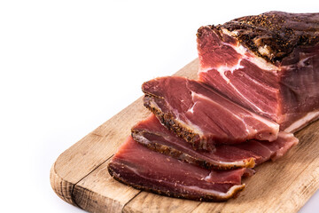 Dried and smoked meat isolated on white background