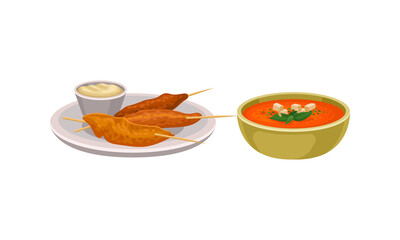 Gazpacho or Cold Soup of Tomatoes and Skewered Seafood as Spanish Cuisine Dish Served in Bowl Vector Set