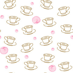 Obraz premium Cups of tea or coffee and meringues on a white, outline. Vector seamless pattern for packaging, wrapper, wrapping paper, sales banner, cafe, restaurant, cafeteria, printing on fabric, textile and menu
