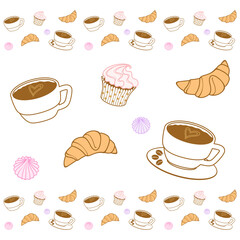 Seamless border with coffee cups, croissants, cupcakes, muffins and meringues. Vector template, horizontal pattern for packaging, wrapper, cafe, restaurant, restaurant, printing on fabric and  textile