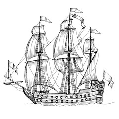 Old caravel, vintage sailboat. Hand drawn sketch.