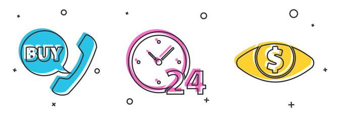Set Phone and speech bubble with Buy, Clock 24 hours and Eye with dollar icon. Vector.
