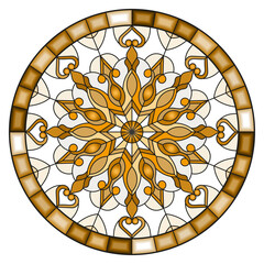 Illustration in stained glass style with an openwork snowflake ,round image in a bright frame, tone brown, sepia