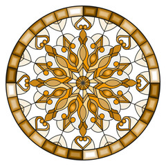 Illustration in stained glass style with an openwork snowflake ,round image in a bright frame, tone brown, sepia