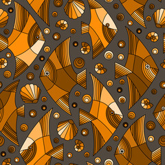 Seamless pattern on a marine theme with a geometric fishes and shells,tone brown, sepia