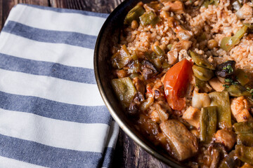 Table with delicious vegetarian paella