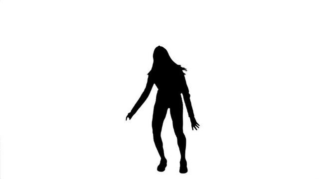 Silhouette. Professional hip-hop dancer performs over white background.