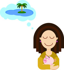 A girl with dark hair and long airy earrings holds a piggy Bank in her hands and dreams of a vacation on a Paradise island