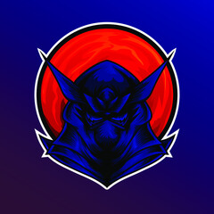 ninja e sports logo design, ninja gaming mascot. assassin with red moon with blue hoodie sports logo