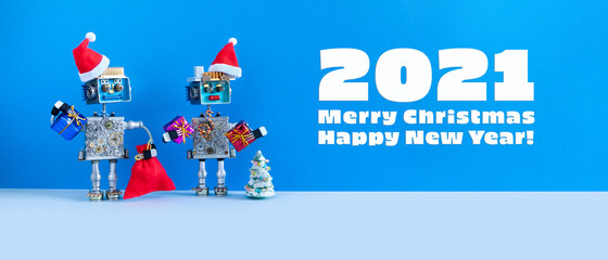 Merry Christmas Happy New Year robotics poster. Romantic Santa Claus robots toys with gifts. Festive greeting card. blue gray background