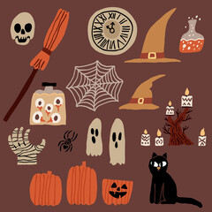 Halloween collection set. Black cat, evil pumpkin, candlestick, candles, mummy hand, skull, clock, witch hat, jar with eyeballs, spider web. Spooky vector decorations. Fun hand drawn illustration