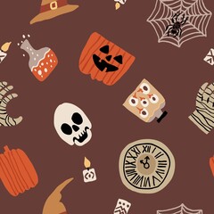 Halloween seamless pattern with evil pumpkin, web, spider, skull, witch hat. Spooky hand drawn background design. Textile, wrapping paper print. Trendy vector illustration. Scary banner template