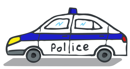 Police car sketch. white and blue passenger car, volumetric with a shadow. Police service.