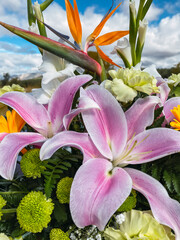 Ramo de flores con lirios rosas y p&aacute;jaro del para&iacute;so