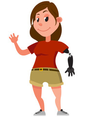 Woman with prosthetic arm. Female character in cartoon style.