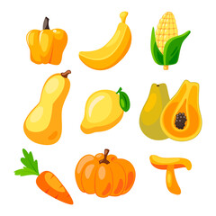 cool illustration of delicious ripe fruit in yellow color. bell paper, banana, corn,  butternut, lemon, papaya, carrot, pumpkin, and mushroom