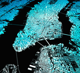 Satellite view of New York city, map, 3d buildings, 3d rendering. Streets and skyscrapers of Manhattan. Usa