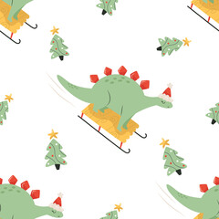 Holiday seamless pattern with cute dinos having fun at sledge. Christmas background for different designs