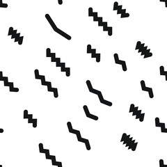 Hipster fashion .Trendy seamless pattern in Memphis style and with different shapes i. Jumble design . Repeating zigzag smooth lines vector background . Cool geometric texture .