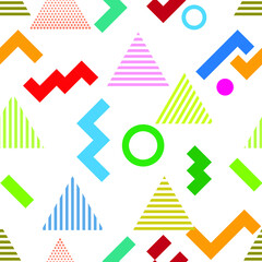 Hipster fashion .Trendy seamless pattern in Memphis style and with different shapes i. Jumble design . Repeating zigzag smooth lines vector background . Cool geometric texture .