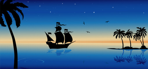 silhouette of sailing yacht in the evening