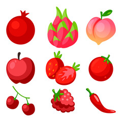 Cool illustration of delicious ripe fruit in red color. Pomegranate, dragon fruit, peach, apple, strawberry, tomato, cherry, raspberry, chili