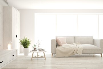White living room with sofa. Scandinavian interior design. 3D illustration