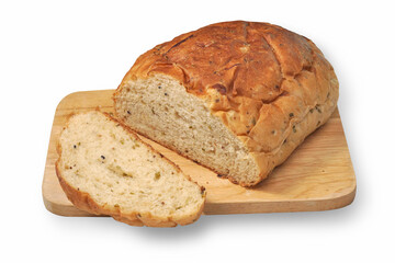 Whole wheat onion bread isolated on white background. This image stacked with clipping path for advertising. Nutrition fact and clean food good taste ideas concept.