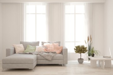 White living room with sofa. Scandinavian interior design. 3D illustration