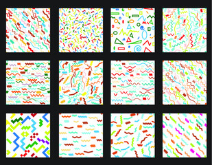 Hipster fashion .Trendy seamless pattern in Memphis style and with different shapes i. Jumble design . Repeating zigzag smooth lines vector background . Cool geometric texture .