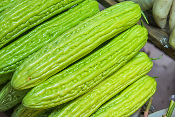 Bitter melon is sold in the vegetable market in Bangkok