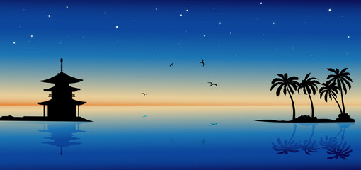 silhouette of the pagoda on the island in the evening